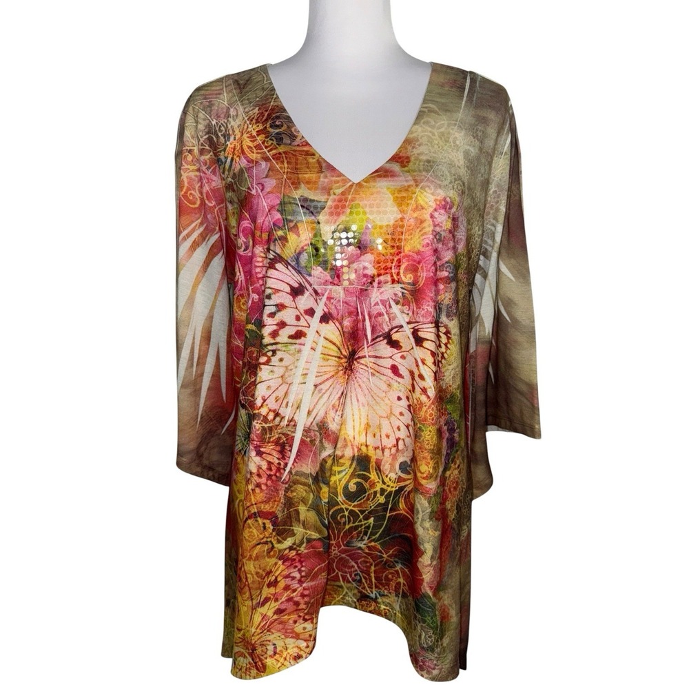Closet Full Butterfly Floral Tunic Top Large Boho V Neck 3/4 Sleeve Y2K Fairy‎